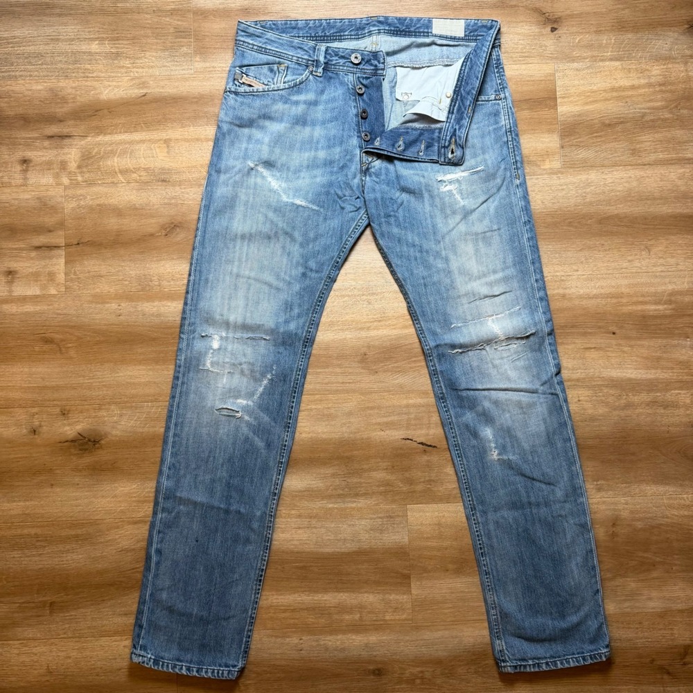 Diesel Darron Jeans Men 32x32 Blue Slim Tapered Distressed Button Fly 0RB04